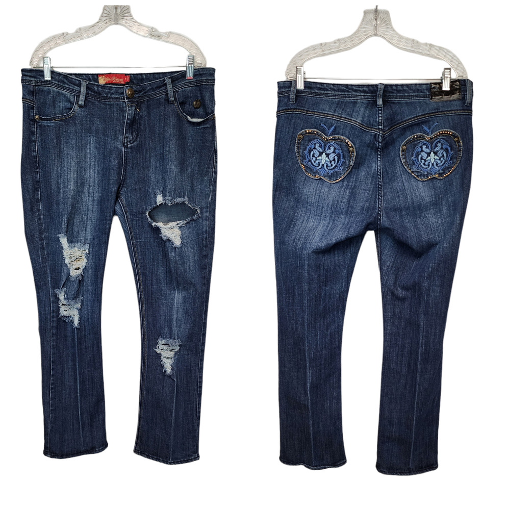 Vintage Apple Bottom Blue Denim Straight Leg Ripped & Distressed Jeans Size 16